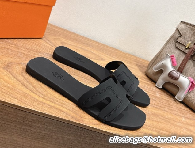 Best Luxury Hermes Oran Classic Flat Slides Sandal in Stitching Rubber Black 0820191
