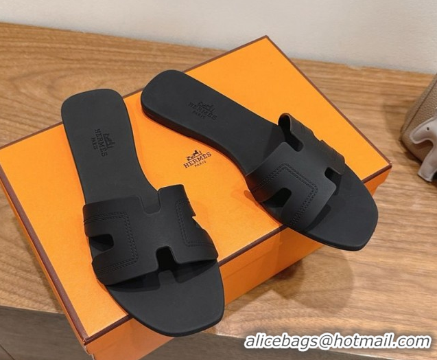 Best Luxury Hermes Oran Classic Flat Slides Sandal in Stitching Rubber Black 0820191