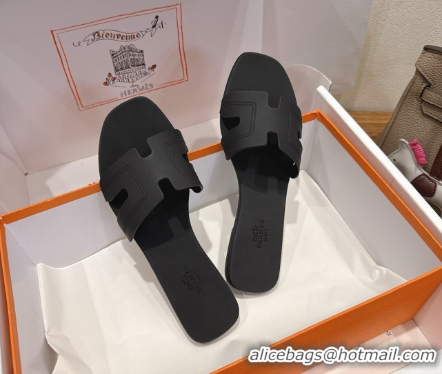 Best Luxury Hermes Oran Classic Flat Slides Sandal in Stitching Rubber Black 0820191