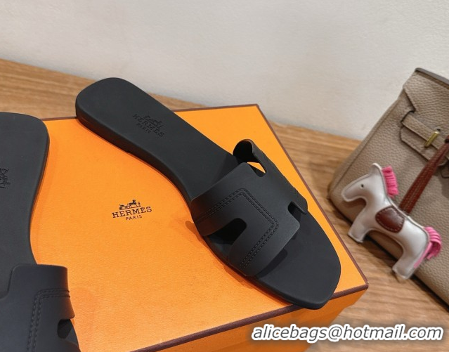 Best Luxury Hermes Oran Classic Flat Slides Sandal in Stitching Rubber Black 0820191