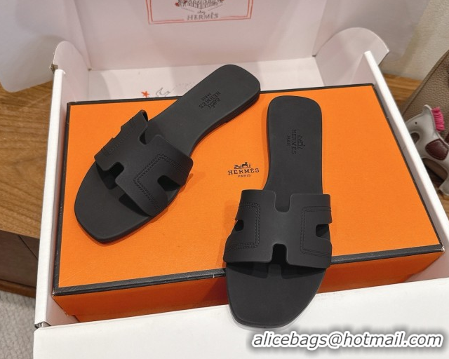 Best Luxury Hermes Oran Classic Flat Slides Sandal in Stitching Rubber Black 0820191