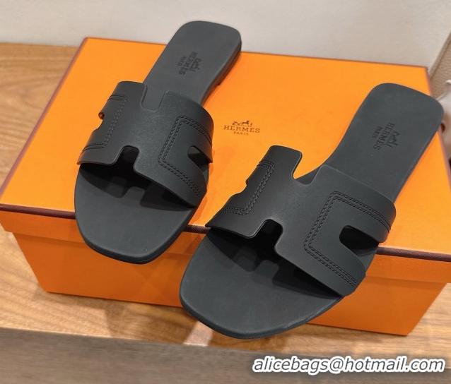 Best Luxury Hermes Oran Classic Flat Slides Sandal in Stitching Rubber Black 0820191