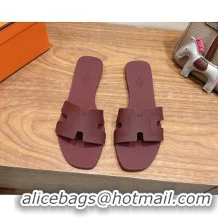 Grade Hermes Oran Classic Flat Slides Sandal in Stitching Rubber Burgundy 0820193