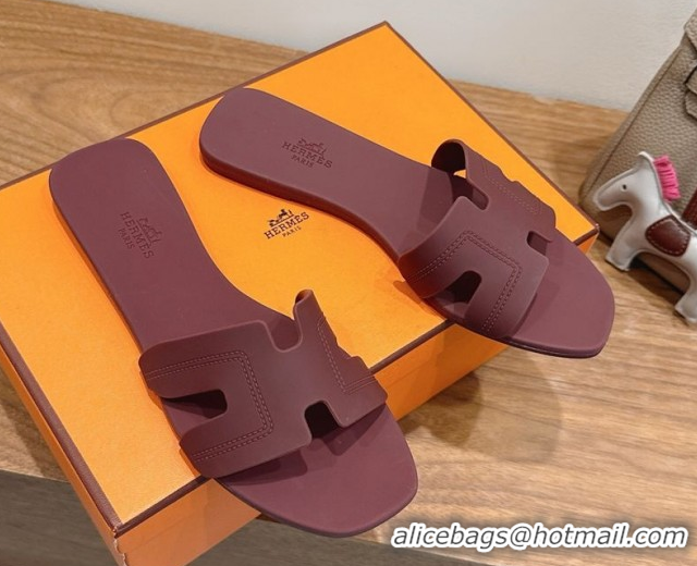 Grade Hermes Oran Classic Flat Slides Sandal in Stitching Rubber Burgundy 0820193