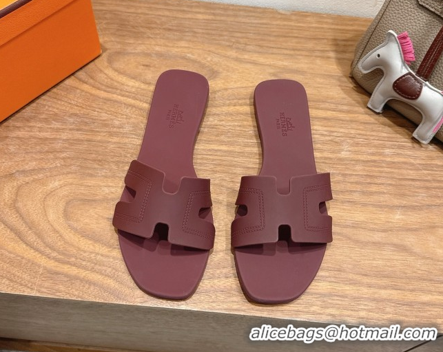 Grade Hermes Oran Classic Flat Slides Sandal in Stitching Rubber Burgundy 0820193