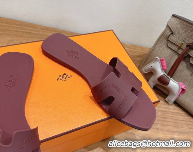 Grade Hermes Oran Classic Flat Slides Sandal in Stitching Rubber Burgundy 0820193