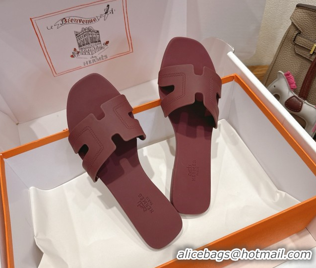 Grade Hermes Oran Classic Flat Slides Sandal in Stitching Rubber Burgundy 0820193