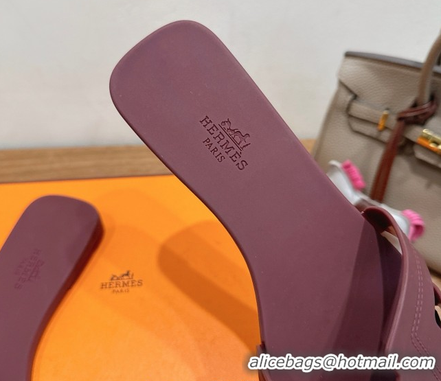 Grade Hermes Oran Classic Flat Slides Sandal in Stitching Rubber Burgundy 0820193