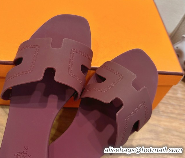 Grade Hermes Oran Classic Flat Slides Sandal in Stitching Rubber Burgundy 0820193