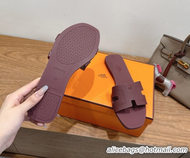 Grade Hermes Oran Classic Flat Slides Sandal in Stitching Rubber Burgundy 0820193