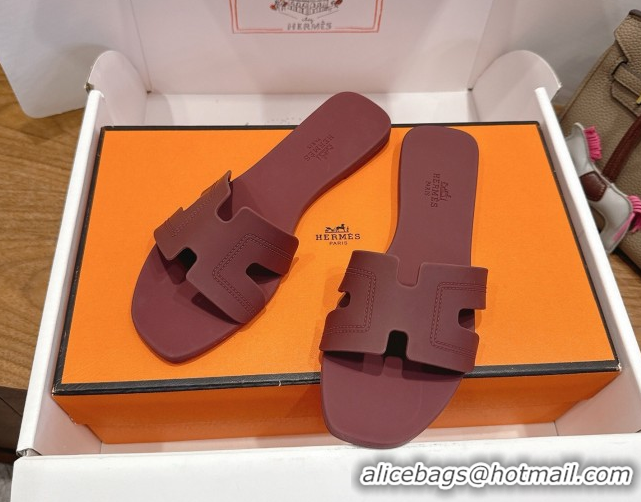 Grade Hermes Oran Classic Flat Slides Sandal in Stitching Rubber Burgundy 0820193