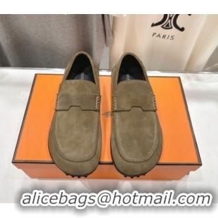 Buy Duplicate Hermes Lazy Loafers in Suede H090803 Khaki Green
