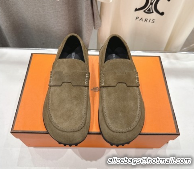 Buy Duplicate Hermes Lazy Loafers in Suede H090803 Khaki Green
