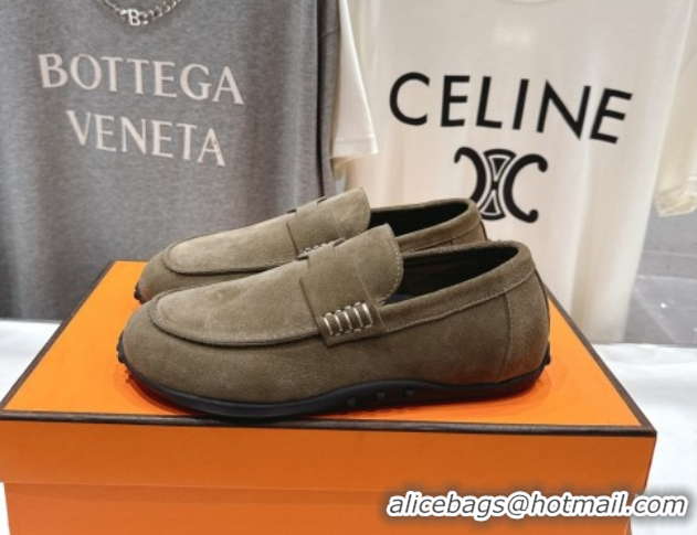 Buy Duplicate Hermes Lazy Loafers in Suede H090803 Khaki Green