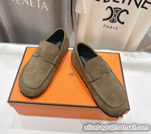 Buy Duplicate Hermes Lazy Loafers in Suede H090803 Khaki Green