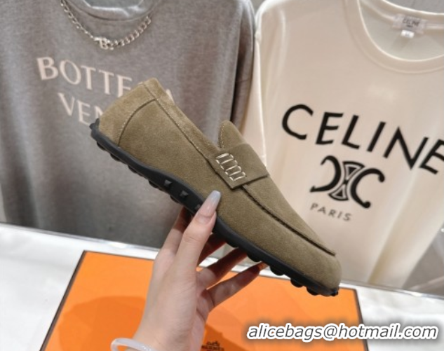 Buy Duplicate Hermes Lazy Loafers in Suede H090803 Khaki Green