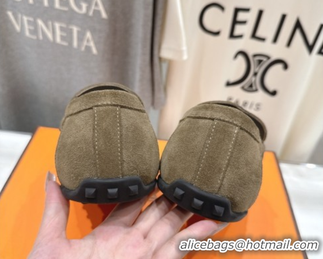 Buy Duplicate Hermes Lazy Loafers in Suede H090803 Khaki Green