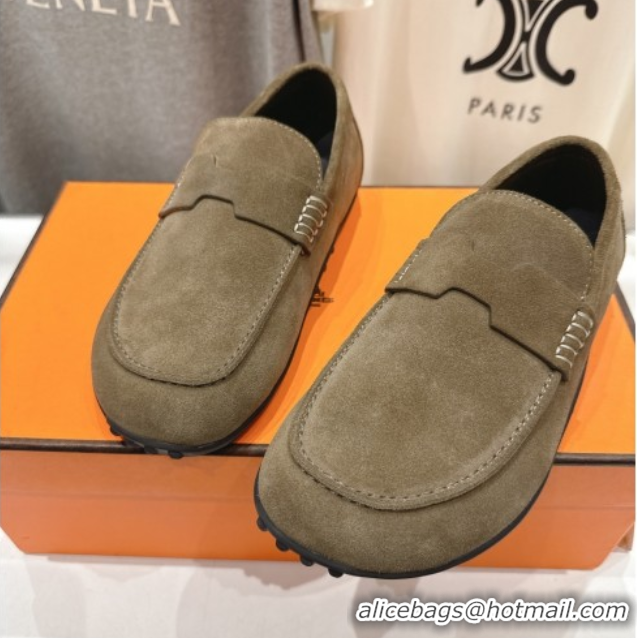 Buy Duplicate Hermes Lazy Loafers in Suede H090803 Khaki Green
