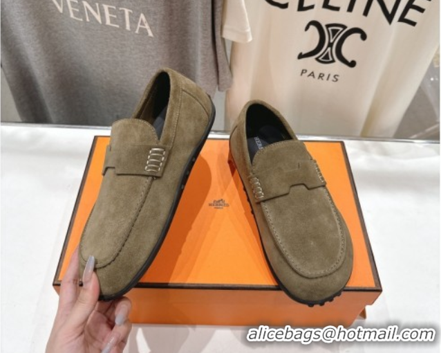 Buy Duplicate Hermes Lazy Loafers in Suede H090803 Khaki Green