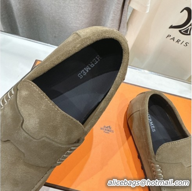 Buy Duplicate Hermes Lazy Loafers in Suede H090803 Khaki Green