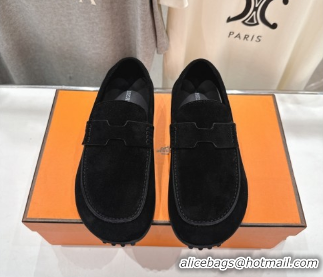 Low Price Hermes Lazy Loafers in Suede H090805 Black