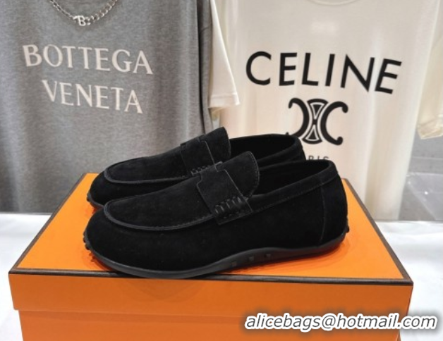 Low Price Hermes Lazy Loafers in Suede H090805 Black