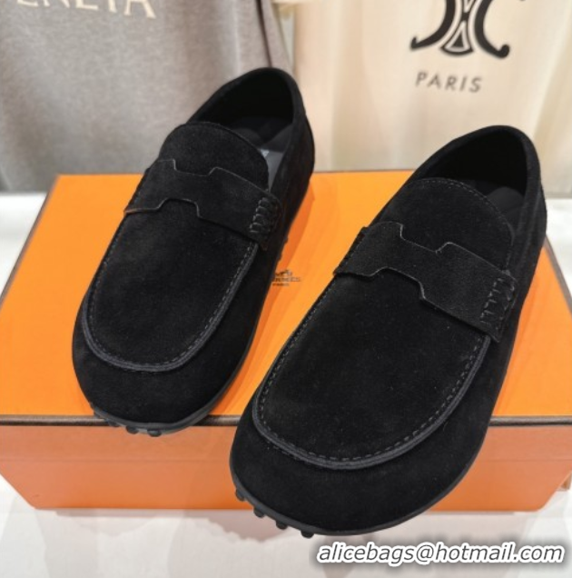 Low Price Hermes Lazy Loafers in Suede H090805 Black
