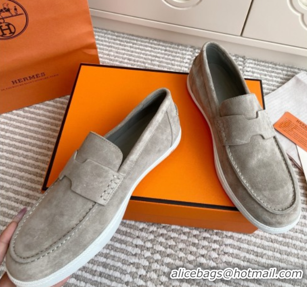 Shop Hermes Job Loafers in Suede H090807 Grey