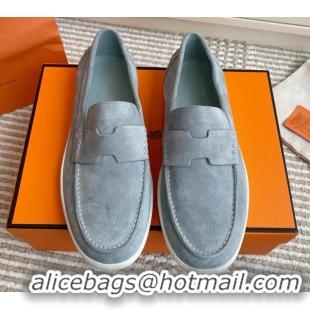 Elegant Hermes Job Loafers in Suede H090808 Blue Grey