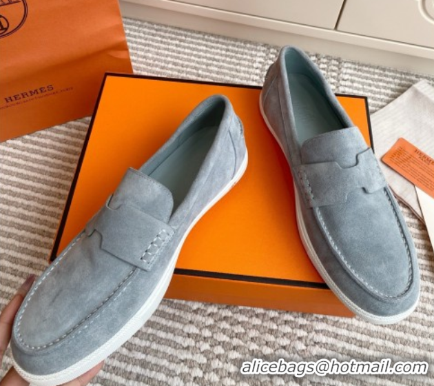 Elegant Hermes Job Loafers in Suede H090808 Blue Grey