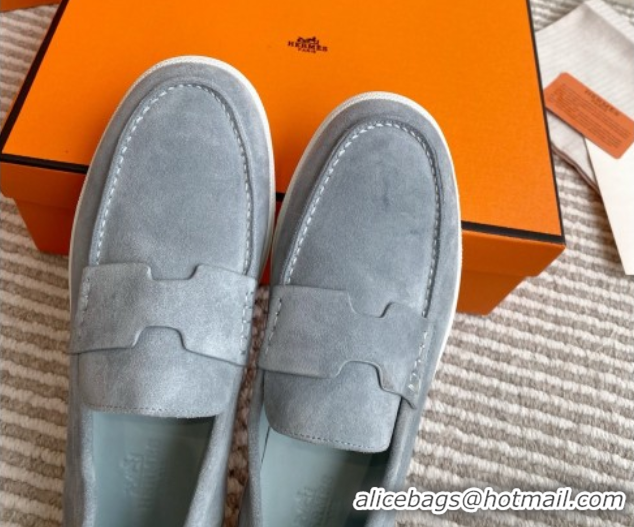 Elegant Hermes Job Loafers in Suede H090808 Blue Grey