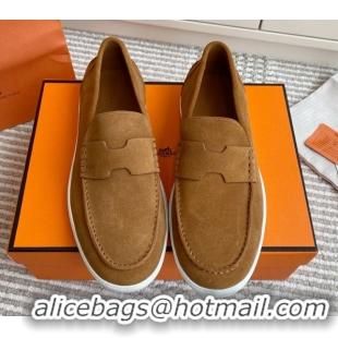 Cute Hermes Job Loafers in Suede H090811 Brown
