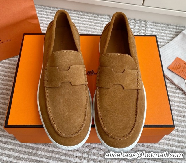Cute Hermes Job Loafers in Suede H090811 Brown