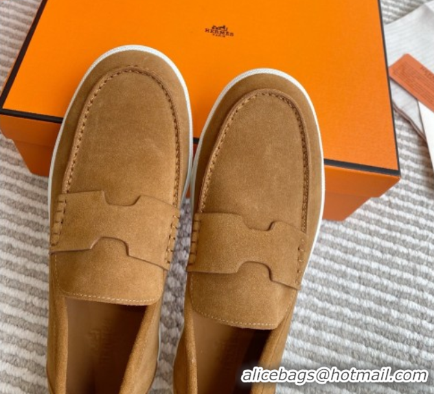 Cute Hermes Job Loafers in Suede H090811 Brown