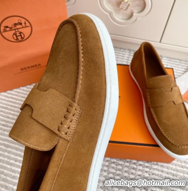 Cute Hermes Job Loafers in Suede H090811 Brown