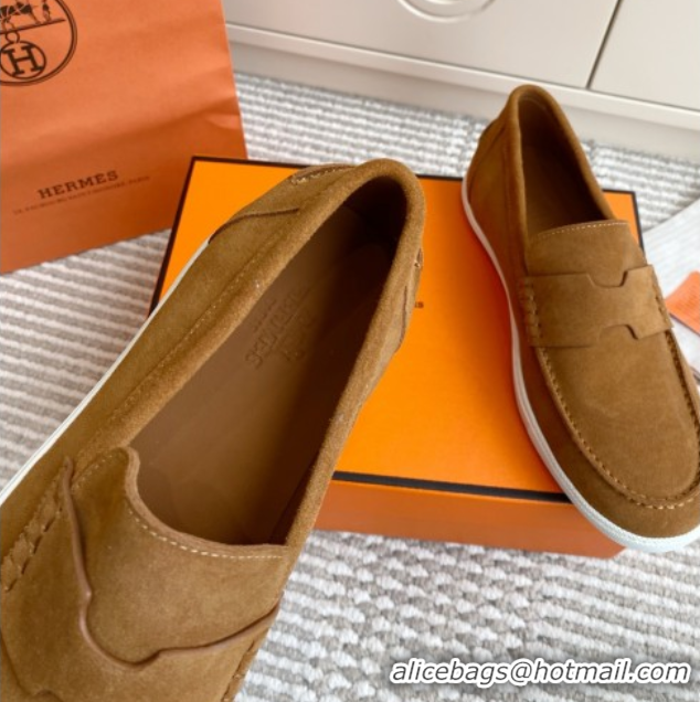 Cute Hermes Job Loafers in Suede H090811 Brown