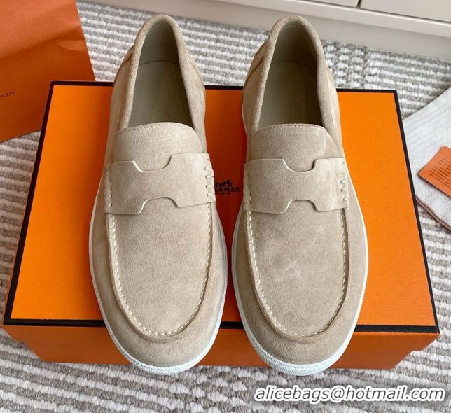 Crafted Hermes Job Loafers in Suede H090812 Beige