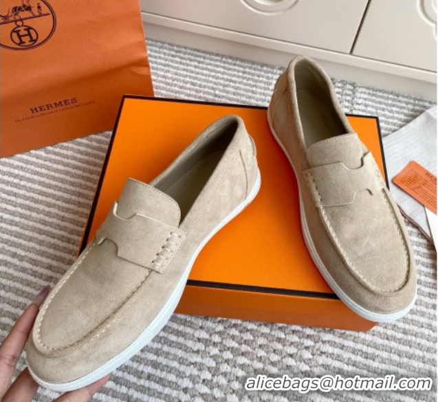 Crafted Hermes Job Loafers in Suede H090812 Beige
