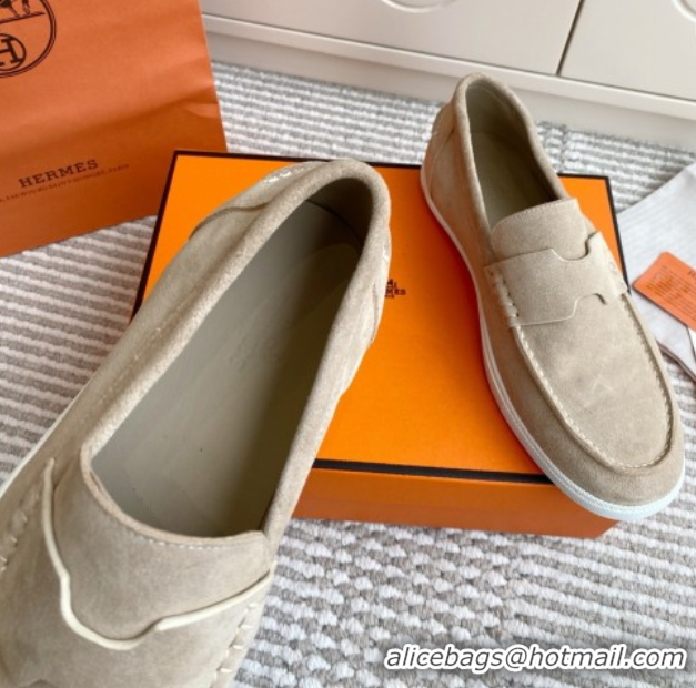 Crafted Hermes Job Loafers in Suede H090812 Beige