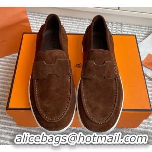 Top Sales Hermes Job Loafers in Suede H090813 Dark Brown