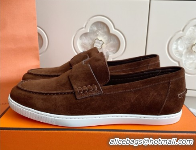 Top Sales Hermes Job Loafers in Suede H090813 Dark Brown