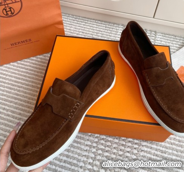 Top Sales Hermes Job Loafers in Suede H090813 Dark Brown