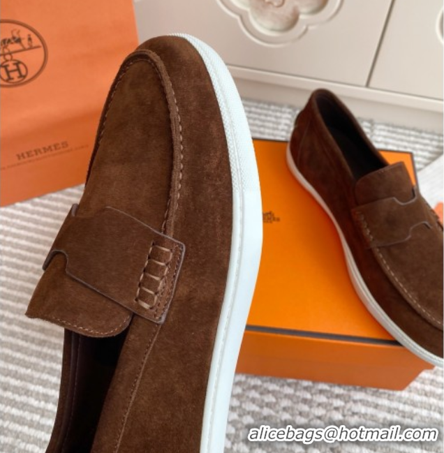Top Sales Hermes Job Loafers in Suede H090813 Dark Brown