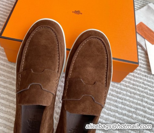 Top Sales Hermes Job Loafers in Suede H090813 Dark Brown