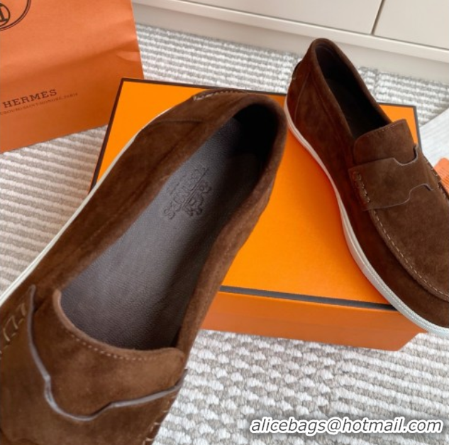 Top Sales Hermes Job Loafers in Suede H090813 Dark Brown