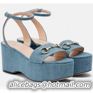 Famous Brand Gucci Horsebit Denim Platform Sandals 62938 Blue