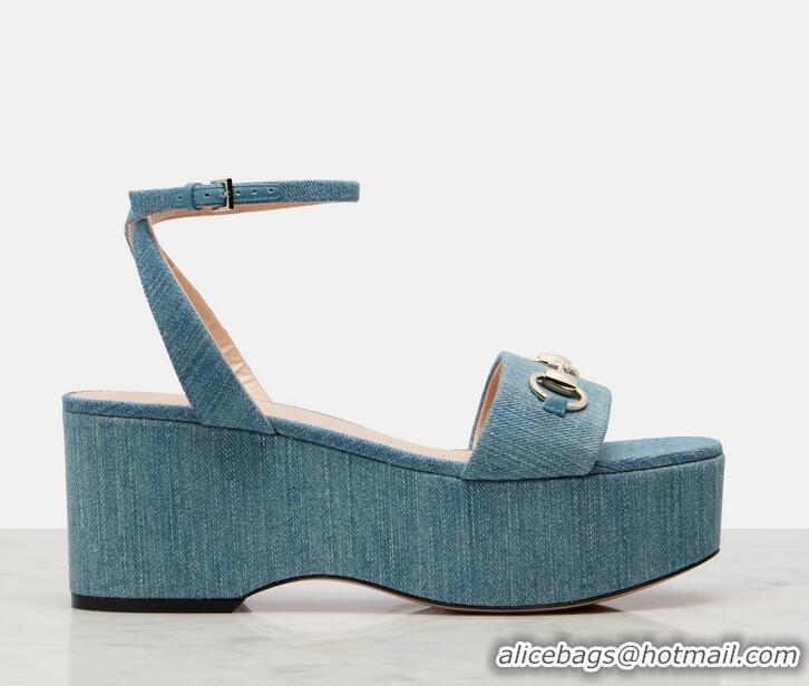Famous Brand Gucci Horsebit Denim Platform Sandals 62938 Blue