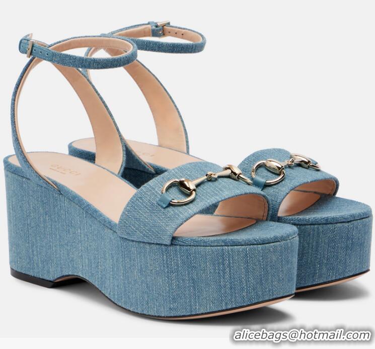 Famous Brand Gucci Horsebit Denim Platform Sandals 62938 Blue