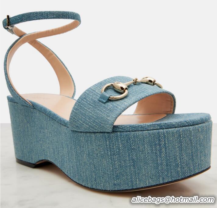 Famous Brand Gucci Horsebit Denim Platform Sandals 62938 Blue