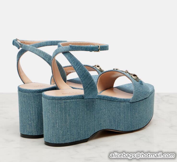 Famous Brand Gucci Horsebit Denim Platform Sandals 62938 Blue